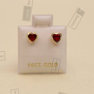 14K Gold Heart Stud Earrings • 5 mm Ruby CZ • July Birthstone Gift.